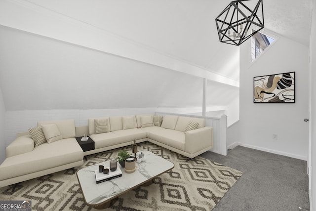 living area with baseboards, lofted ceiling, and carpet floors