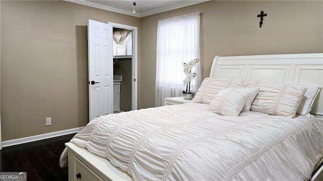 bedroom featuring crown molding, baseboards, and dark wood-style flooring
