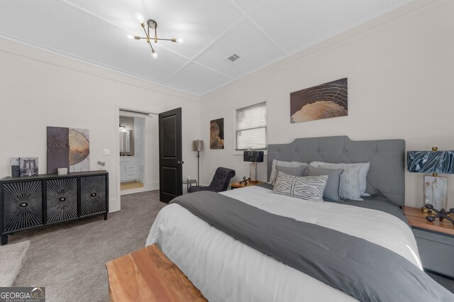 bedroom with visible vents, ensuite bathroom, crown molding, and carpet flooring