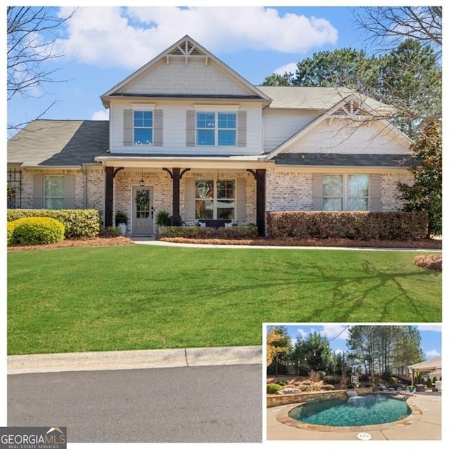 9085 Maple Run Trl, Gainesville, GA 30506 - craftsman inspired home with brick siding, a front lawn, and covered porch
