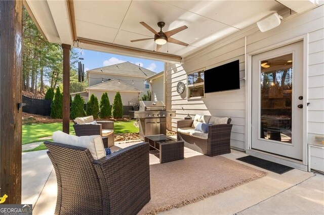 view of patio / terrace with an outdoor hangout area, area for grilling, and ceiling fan