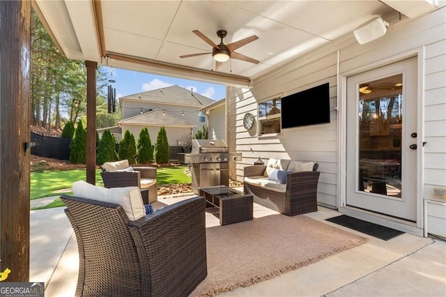9085 Maple Run Trl, Gainesville, GA 30506 - view of patio / terrace featuring a fenced backyard, ceiling fan, an in ground hot tub, and a grill