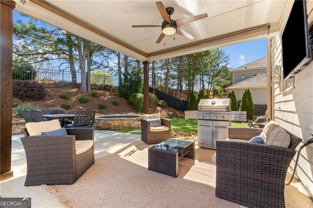 9085 Maple Run Trl, Gainesville, GA 30506 - fenced backyard with a ceiling fan, a patio area, an in-ground hot tub, and area for grilling