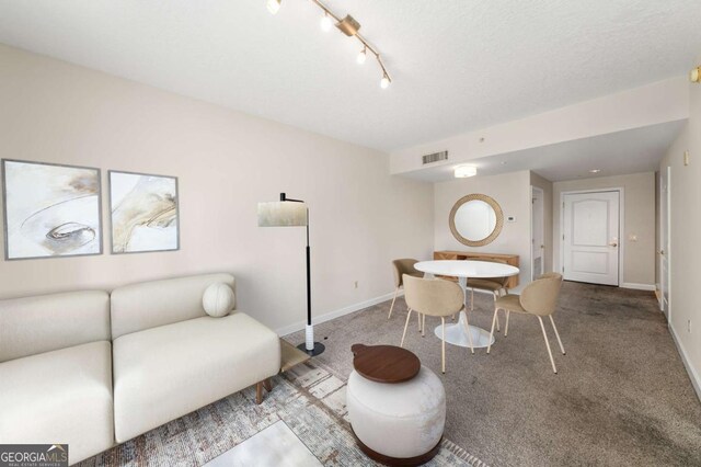 195 14th St NE Unit 1404, Atlanta, GA 30309 - carpeted living room with visible vents, baseboards, a textured ceiling, and track lighting
