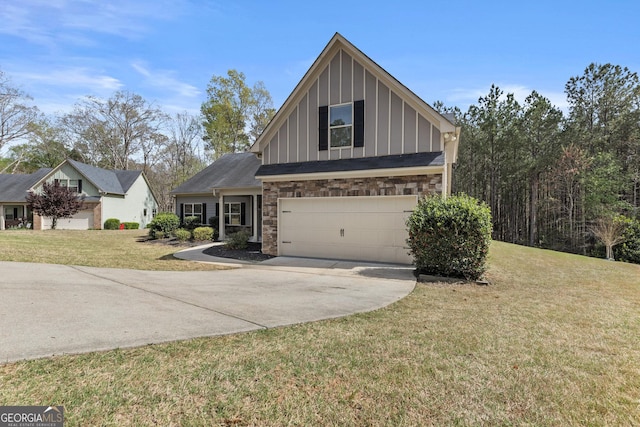 craftsman-style home featuring board and batten siding, a front lawn, concrete driveway, an attached garage, and stone siding
