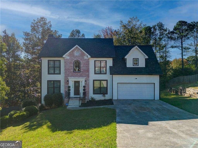 77 Hunters Grn, Dallas, GA 30157 - view of front of house with a garage, concrete driveway, a front lawn, and fence