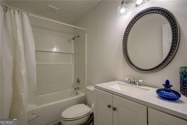 77 Hunters Grn, Dallas, GA 30157 - full bathroom featuring shower / bathtub combination with curtain, toilet, visible vents, and vanity