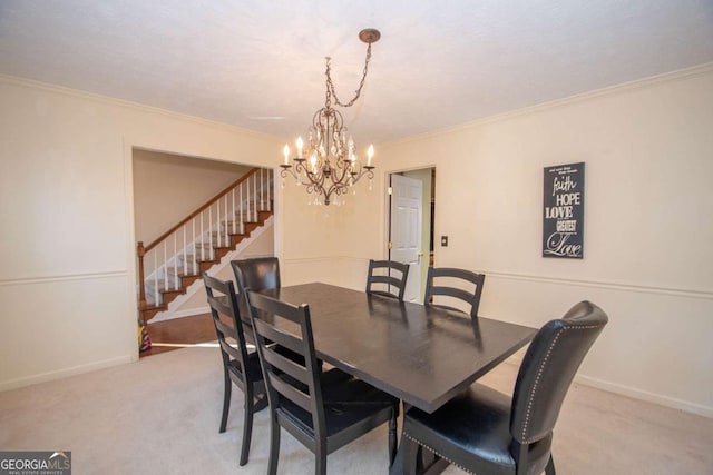 207 Lakeshore Way, Lagrange, GA 30240 - carpeted dining area with stairway, a chandelier, and ornamental molding
