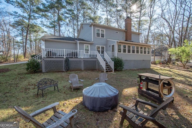 207 Lakeshore Way, Lagrange, GA 30240 - back of house featuring stairway, a chimney, a deck, crawl space, and a yard
