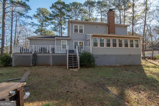 207 Lakeshore Way, Lagrange, GA 30240 - rear view of property featuring a chimney, a deck, a lawn, and stairs
