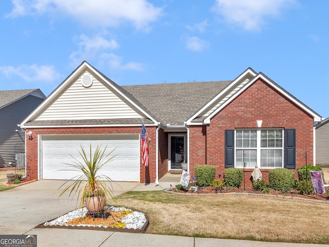 ranch-style house featuring concrete driveway, a garage, brick siding, and a front yard