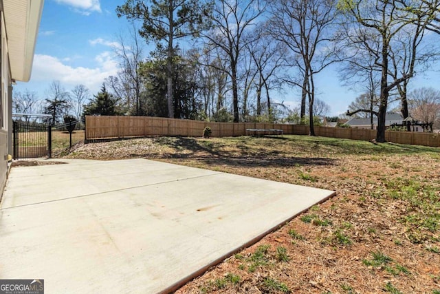 rear view of property featuring a fenced backyard, a chimney, cooling unit, and a patio area