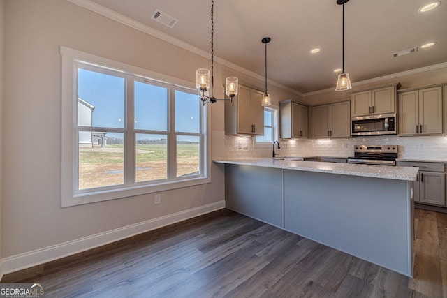 kitchen with stainless steel appliances, crown molding, gray cabinets, dark wood finished floors, and backsplash