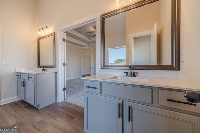 full bath featuring two vanities, wood finished floors, crown molding, baseboards, and a tray ceiling