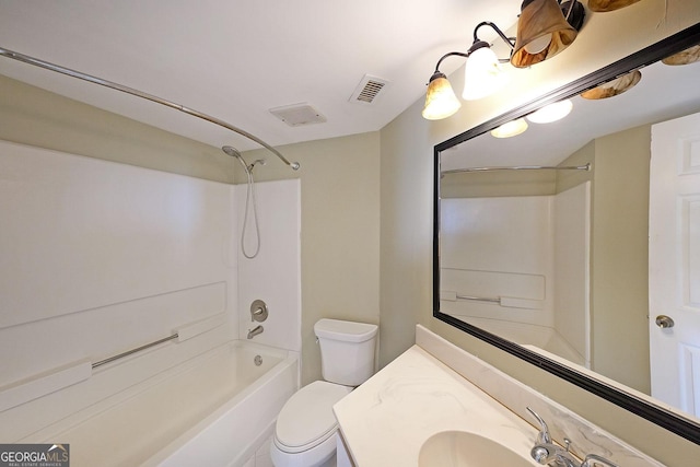 full bath featuring toilet, shower / bath combination, vanity, and visible vents