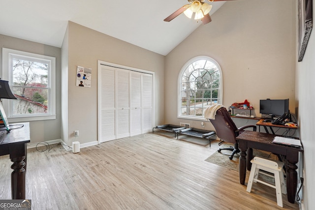 1291 Marcelle Heights Pl, Norcross, GA 30093 - office with a ceiling fan, light wood-style floors, baseboards, and high vaulted ceiling