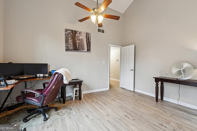 1291 Marcelle Heights Pl, Norcross, GA 30093 - office area featuring high vaulted ceiling, wood finished floors, ceiling fan, and baseboards