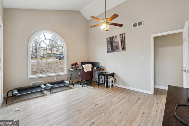 1291 Marcelle Heights Pl, Norcross, GA 30093 - office space with ceiling fan, wood finished floors, high vaulted ceiling, and baseboards