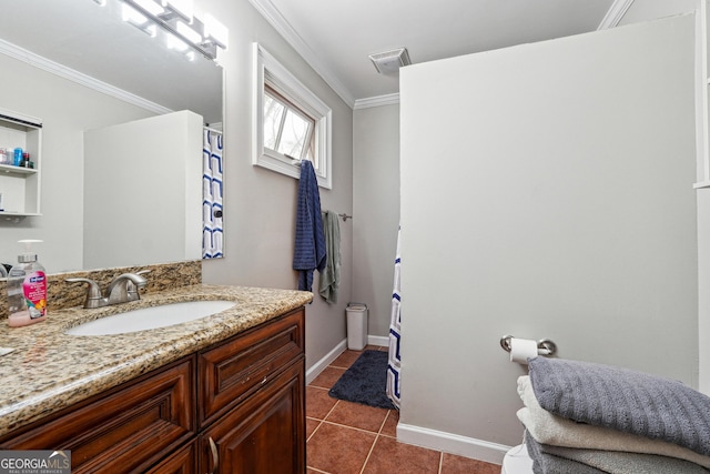 full bath featuring tile patterned floors, visible vents, baseboards, crown molding, and vanity