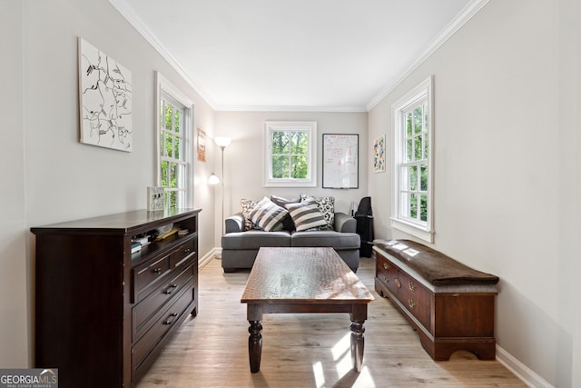 living room with light wood-style floors, baseboards, and ornamental molding