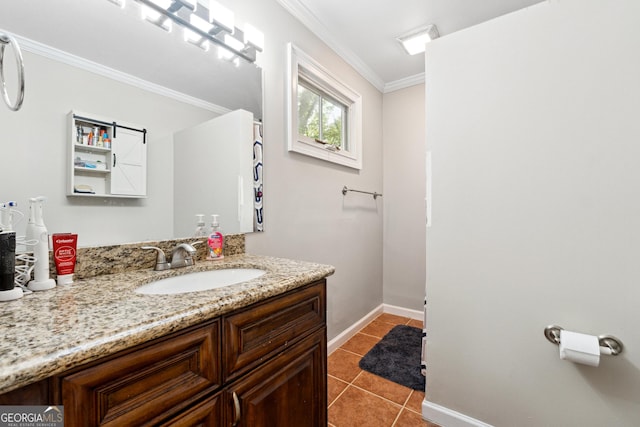 1291 Marcelle Heights Pl, Norcross, GA 30093 - bathroom featuring ornamental molding, tile patterned flooring, baseboards, and vanity