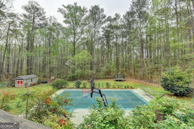 view of swimming pool with a view of trees, an outdoor structure, a lawn, a storage unit, and a trampoline