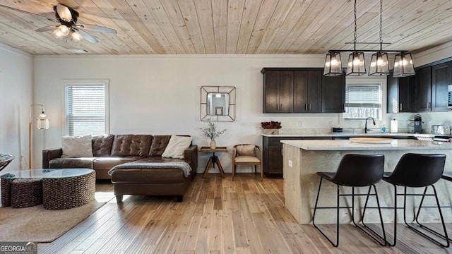 360 Prince Dr, Morganton, GA 30560 - kitchen with a kitchen bar, wood ceiling, open floor plan, and light wood-type flooring