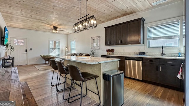 360 Prince Dr, Morganton, GA 30560 - kitchen featuring a center island, a breakfast bar area, wooden ceiling, stainless steel dishwasher, and a sink