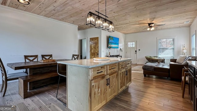 360 Prince Dr, Morganton, GA 30560 - kitchen with wood-type flooring, a ceiling fan, wooden ceiling, and open floor plan