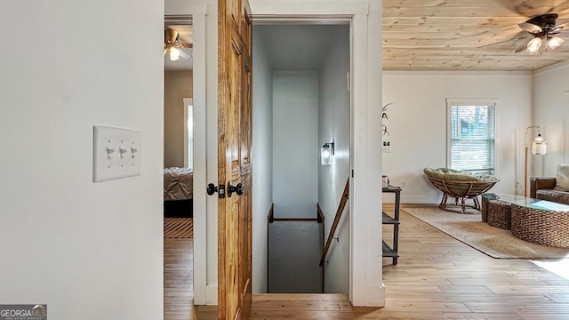 360 Prince Dr, Morganton, GA 30560 - hallway with an upstairs landing, wooden ceiling, baseboards, and hardwood / wood-style flooring