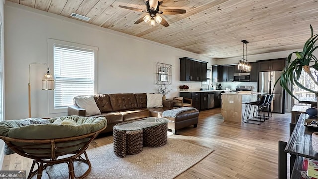 360 Prince Dr, Morganton, GA 30560 - living area featuring visible vents, ornamental molding, light wood-style flooring, wooden ceiling, and ceiling fan