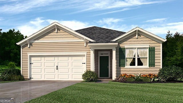 ranch-style house featuring a garage, driveway, and a front yard