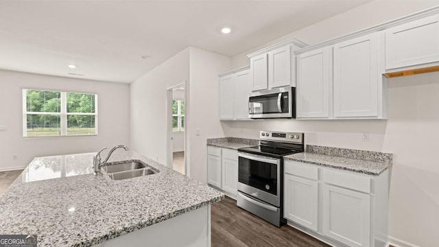 kitchen with light stone counters, a sink, stainless steel appliances, white cabinetry, and dark wood-style flooring