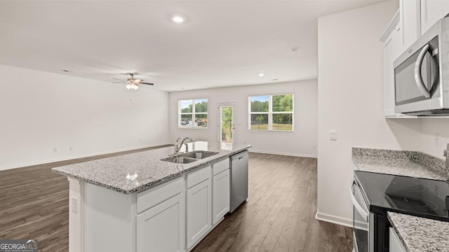 kitchen with a ceiling fan, a sink, open floor plan, dark wood finished floors, and appliances with stainless steel finishes