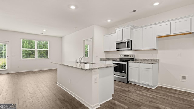 kitchen with white cabinets, stainless steel appliances, a sink, and dark wood finished floors