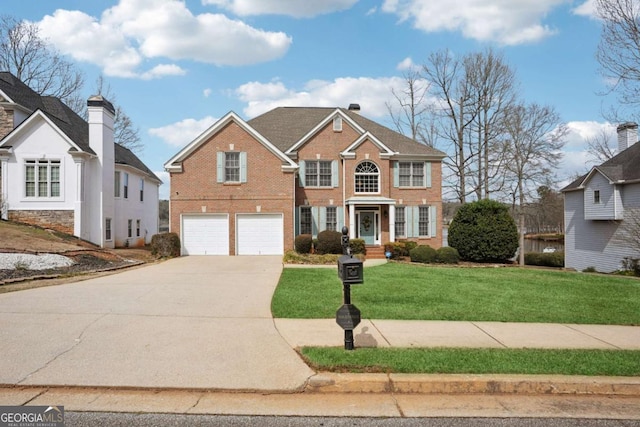 colonial home with brick siding, a garage, a front lawn, and concrete driveway