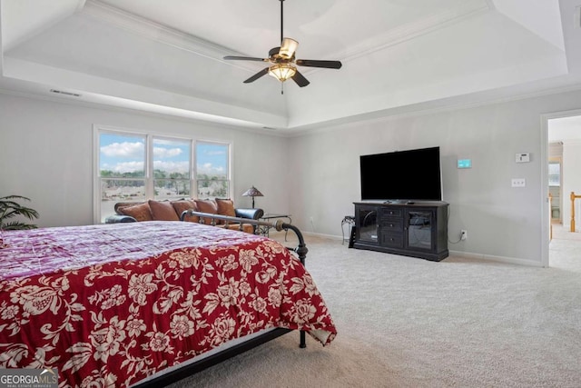 bedroom with carpet flooring and a tray ceiling