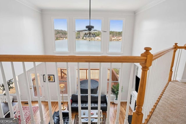 interior space with plenty of natural light, crown molding, and wood finished floors