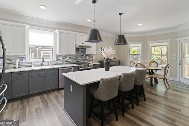 kitchen with backsplash, appliances with stainless steel finishes, gray cabinetry, and a sink