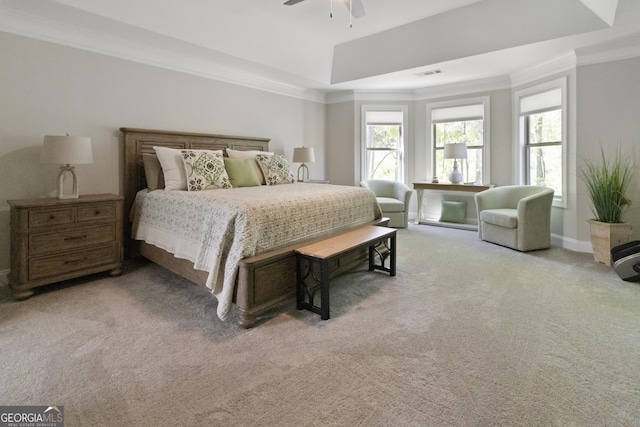 bedroom featuring light carpet, baseboards, visible vents, a ceiling fan, and ornamental molding