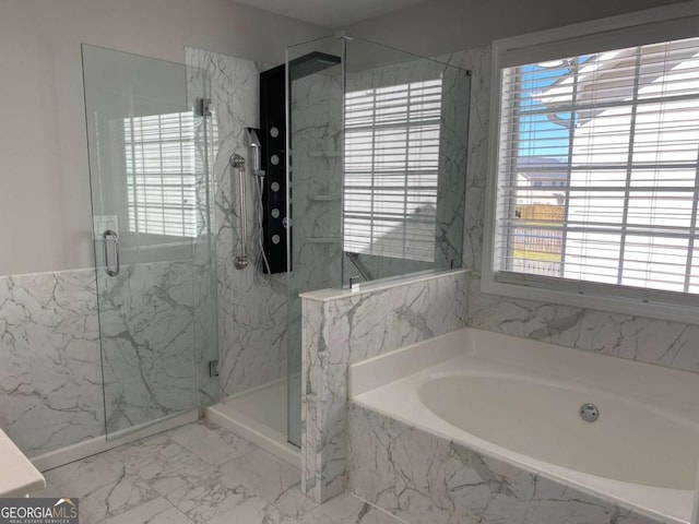 1295 Leisure Lake Dr, Lawrenceville, GA 30044 - full bathroom featuring a marble finish shower, a garden tub, and marble finish floor