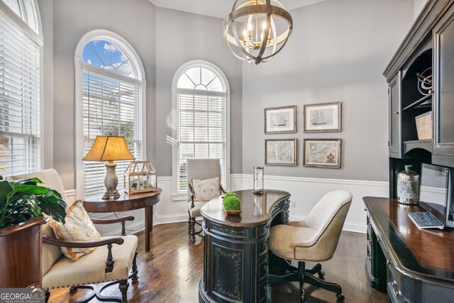 8625 Anchor On Lanier Ct, Gainesville, GA 30506 - home office with a chandelier and dark wood-style floors