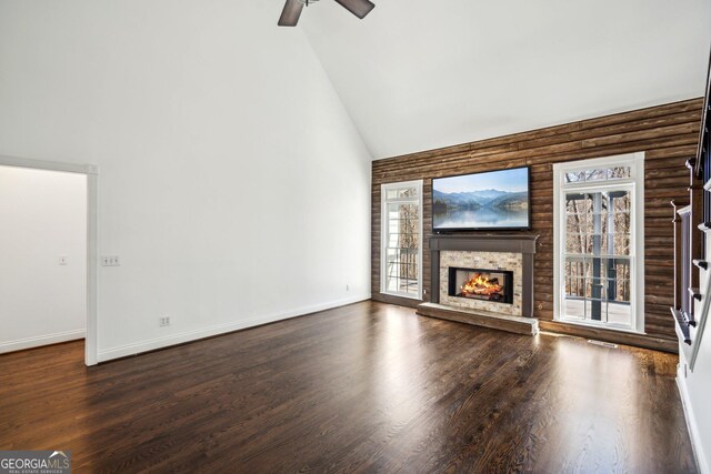 8625 Anchor On Lanier Ct, Gainesville, GA 30506 - unfurnished living room featuring a fireplace, high vaulted ceiling, ceiling fan, wood finished floors, and baseboards