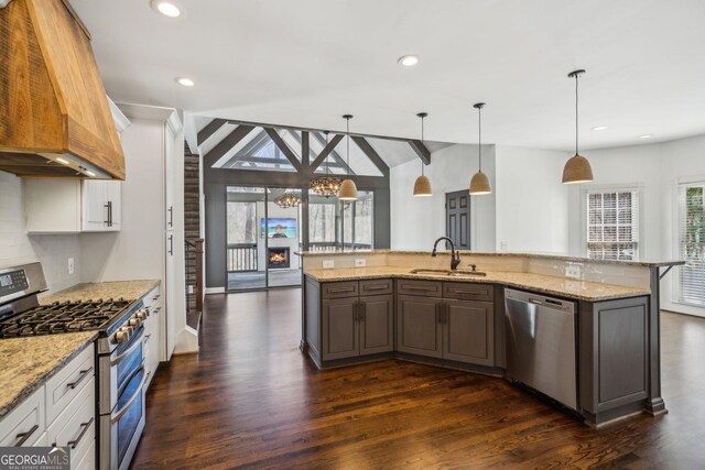 8625 Anchor On Lanier Ct, Gainesville, GA 30506 - kitchen featuring stainless steel appliances, a sink, dark wood-style floors, custom range hood, and a chandelier