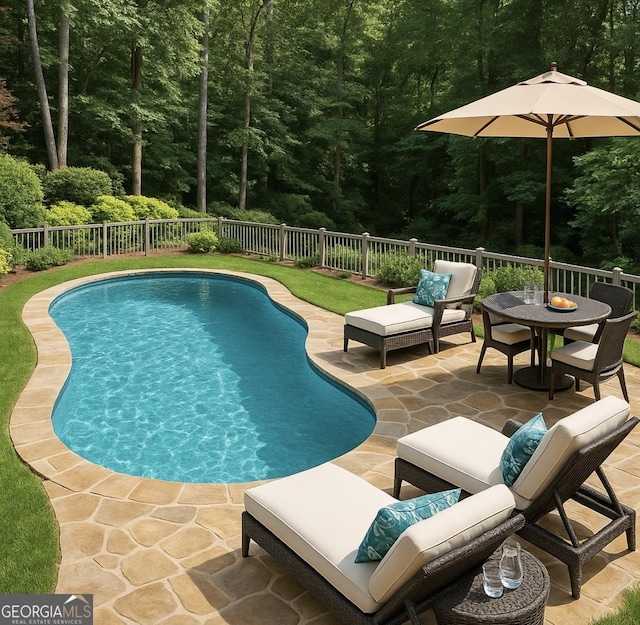 8625 Anchor On Lanier Ct, Gainesville, GA 30506 - view of pool featuring a patio area, a fenced backyard, and a wooded view