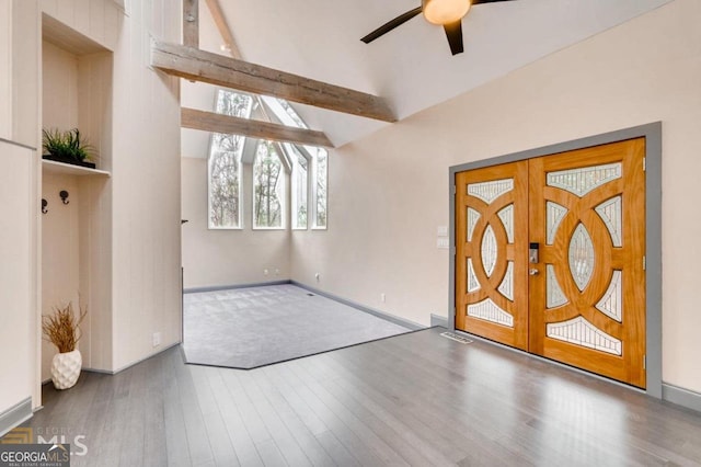 3810 Galloway Dr NE, Roswell, GA 30075 - entryway featuring ceiling fan, wood finished floors, beamed ceiling, baseboards, and high vaulted ceiling