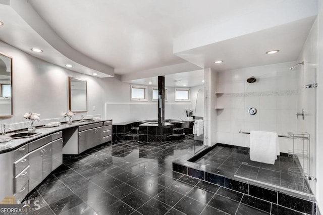 3810 Galloway Dr NE, Roswell, GA 30075 - bathroom featuring recessed lighting, a tile shower, double vanity, and a bathtub
