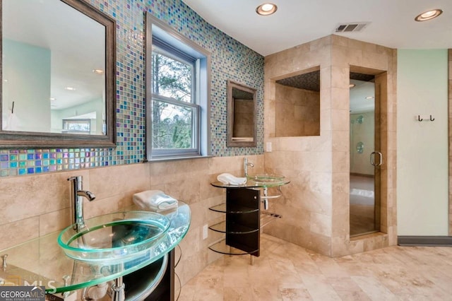 3810 Galloway Dr NE, Roswell, GA 30075 - full bathroom with tile walls, a stall shower, a sink, recessed lighting, and tile patterned floors