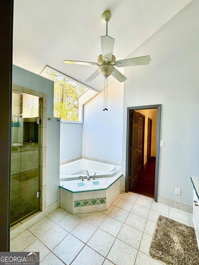 3810 Galloway Dr NE, Roswell, GA 30075 - bathroom featuring tile patterned flooring, a bath, a shower stall, and ceiling fan