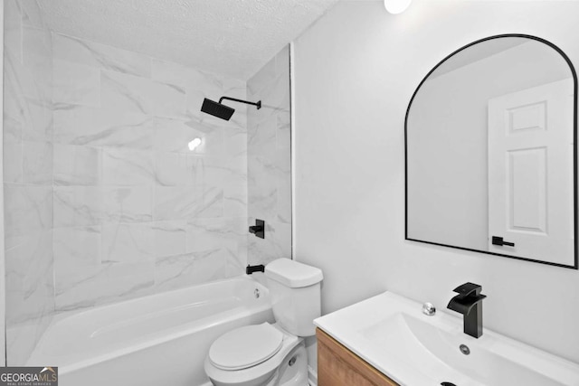 full bath featuring toilet, a textured ceiling, vanity, and shower / bath combination